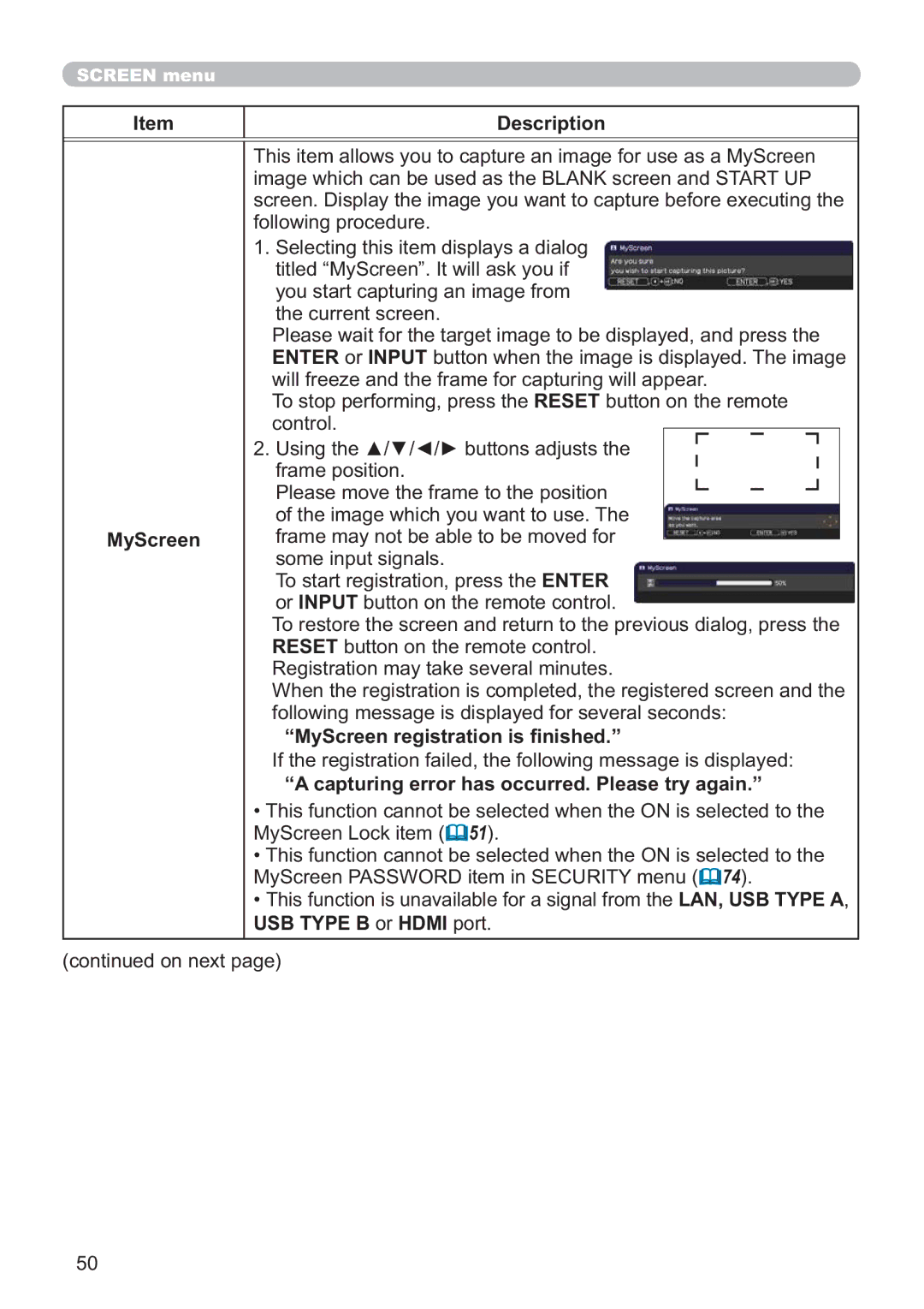 Hitachi IPJ-AW250NM user manual MyScreen registration is ﬁnished, Capturing error has occurred. Please try again 