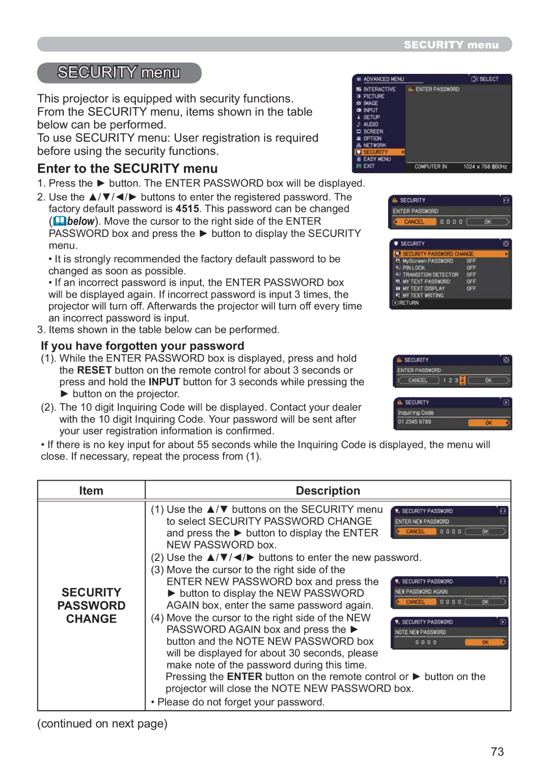 Hitachi IPJ-AW250NM user manual Enter to the Security menu, Password, Change 