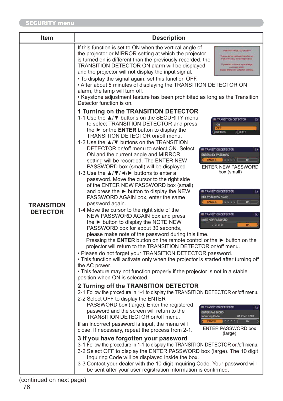 Hitachi IPJ-AW250NM user manual Turning on the Transition Detector, Turning off the Transition Detector 