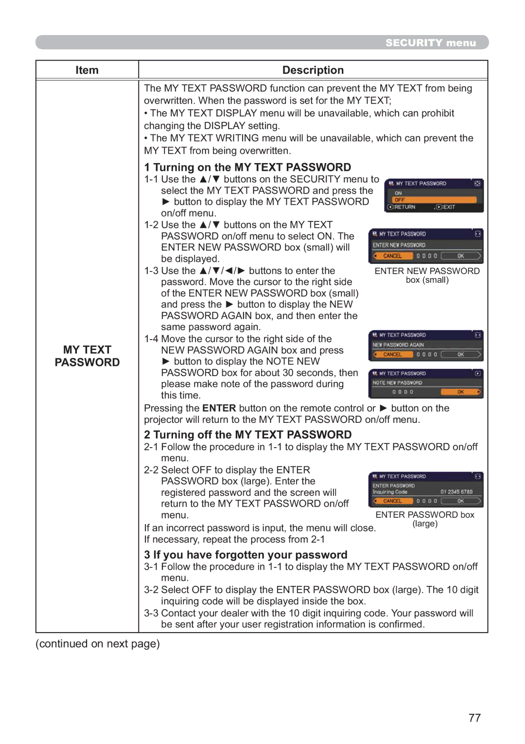 Hitachi IPJ-AW250NM user manual Turning on the MY Text Password, Turning off the MY Text Password 