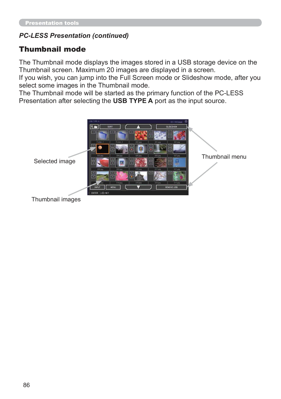 Hitachi IPJ-AW250NM user manual Thumbnail mode, Thumbnail menu Selected image Thumbnail images 