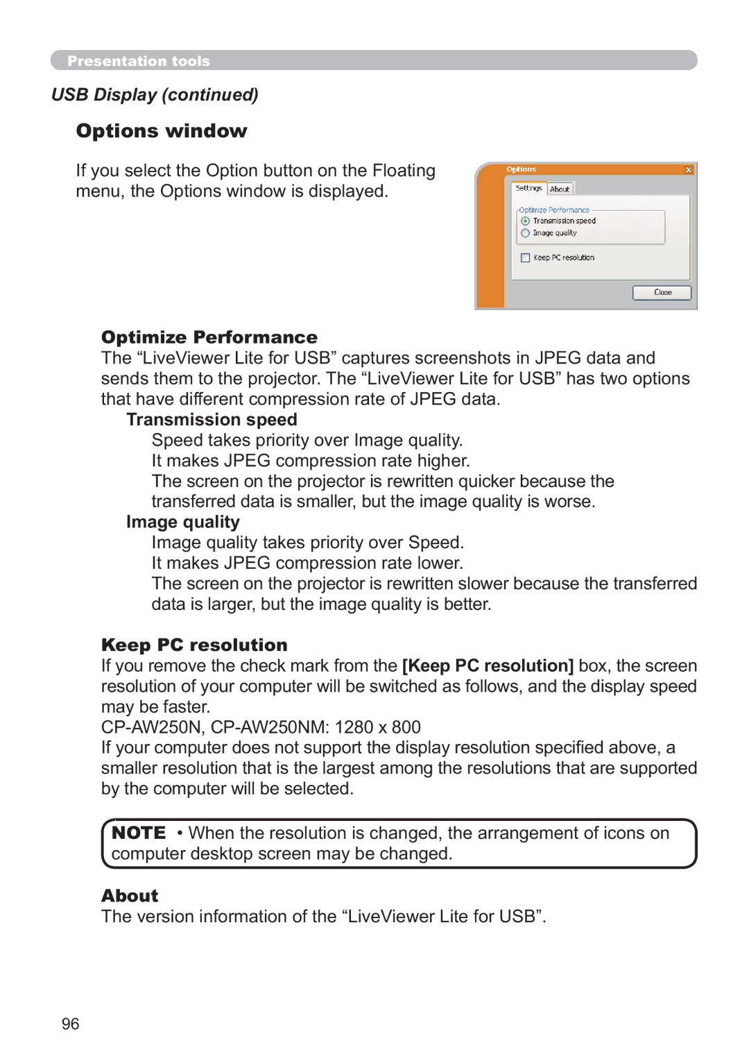 Hitachi IPJ-AW250NM user manual Options window 