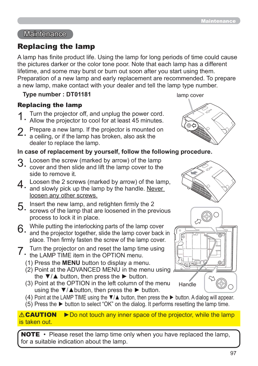 Hitachi IPJ-AW250NM user manual Maintenance, Replacing the lamp, Type number DT01181 