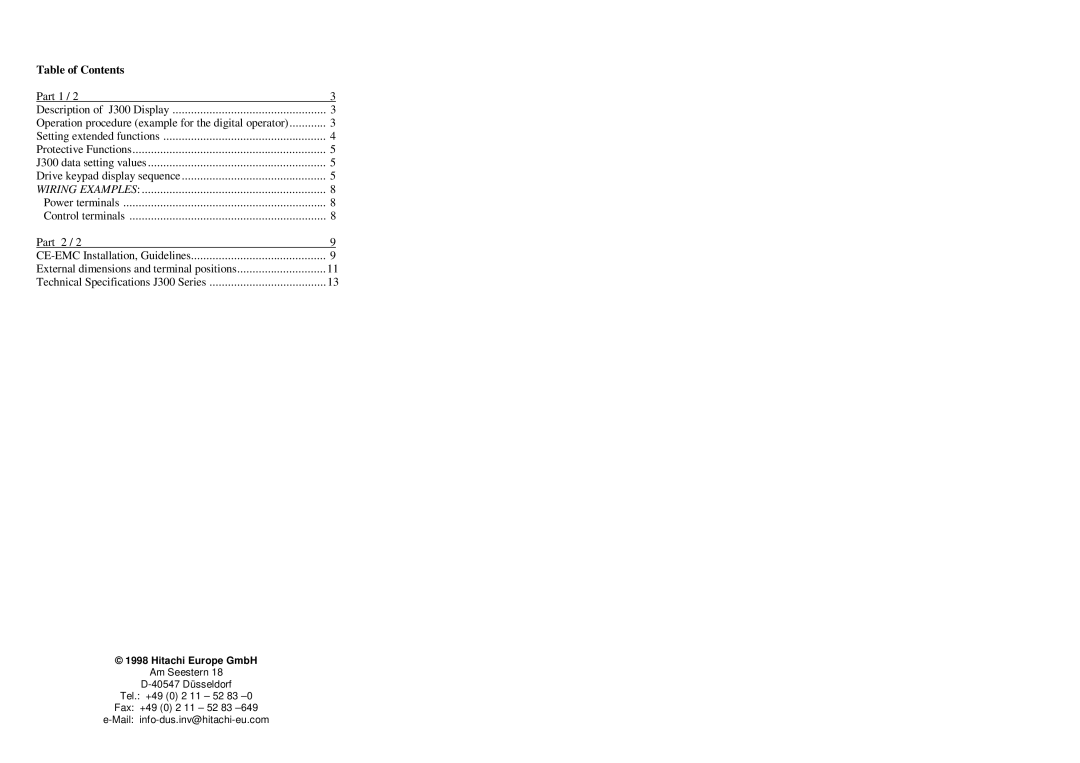 Hitachi J300 manual Table of Contents 
