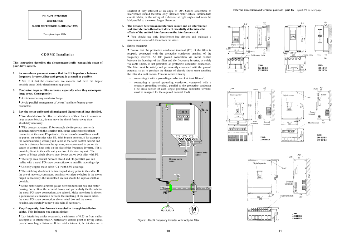 Hitachi manual CE-EMCInstallation, HITACHI INVERTER J300 SERIES, QUICK REFERENCE GUIDE Part 2/2, part 2/2 on next page 