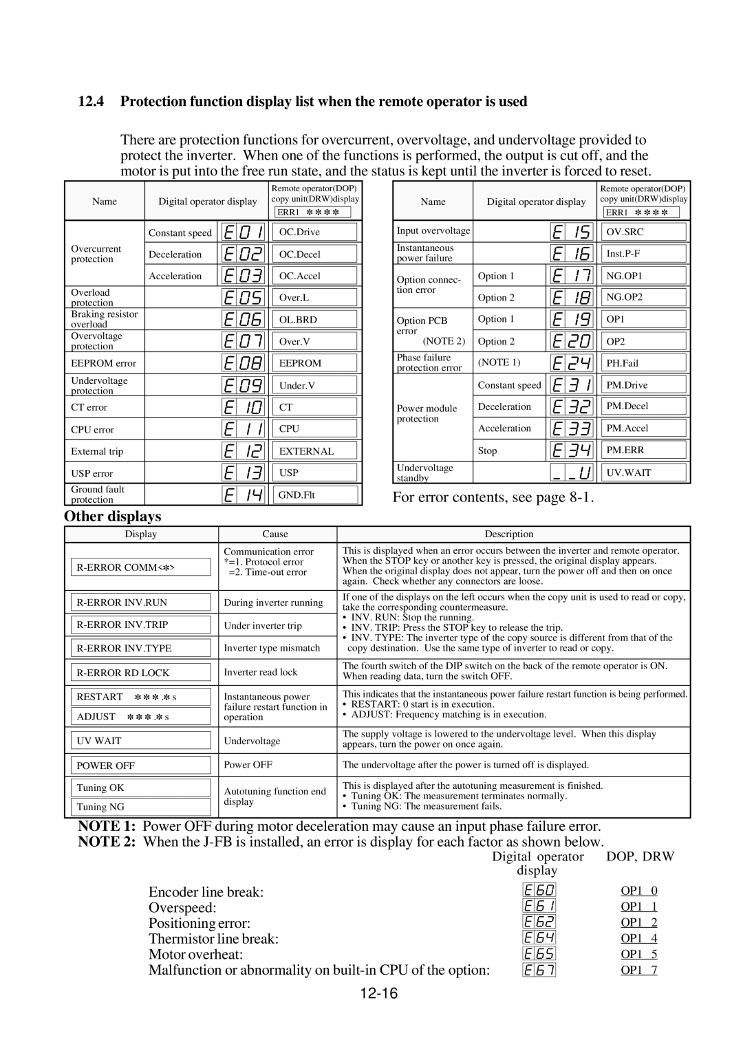 Hitachi J300U Series instruction manual Other displays, For error contents, see, 12-16 