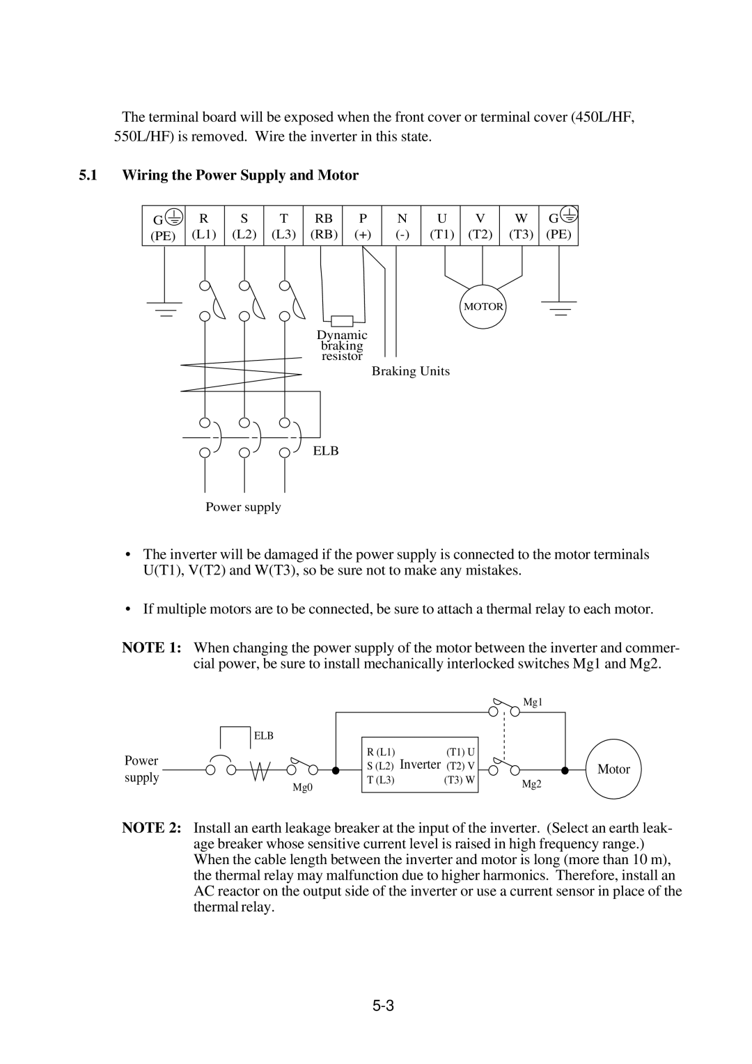 Hitachi J300U Series Wiring the Power Supply and Motor, L3 RB + T1 T2 T3 PE, Dynamic Braking Resistor Braking Units, Elb 