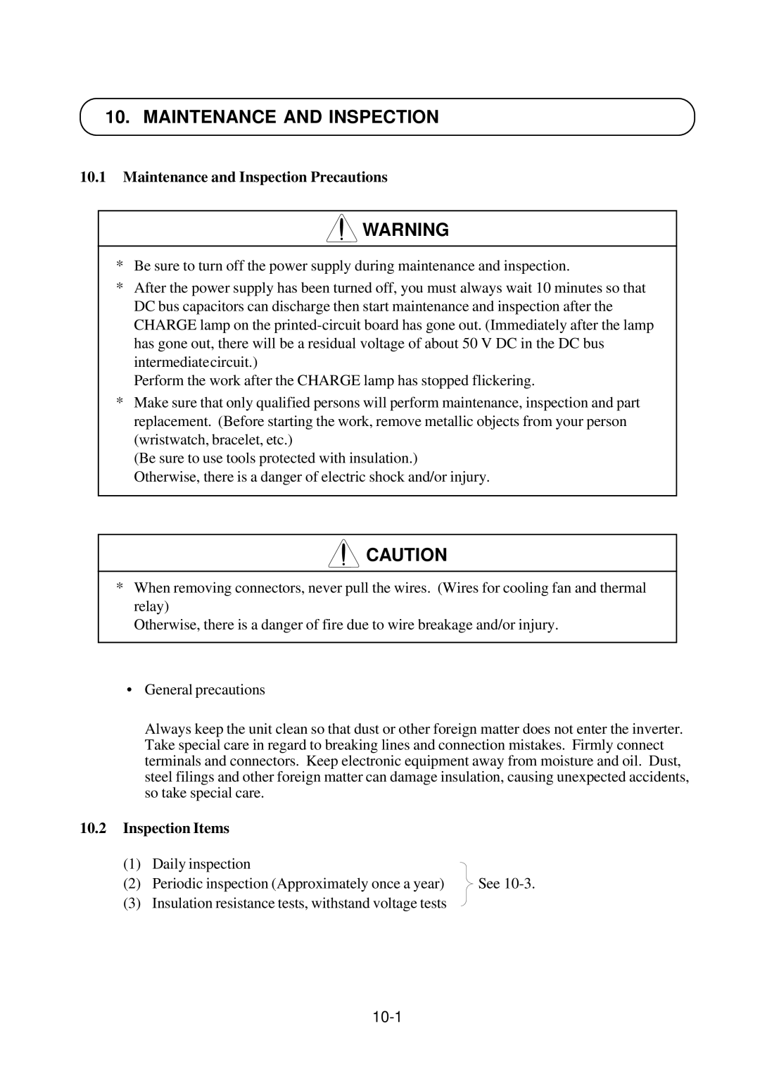 Hitachi J300U Series instruction manual Maintenance and Inspection Precautions, Inspection Items, 10-1 