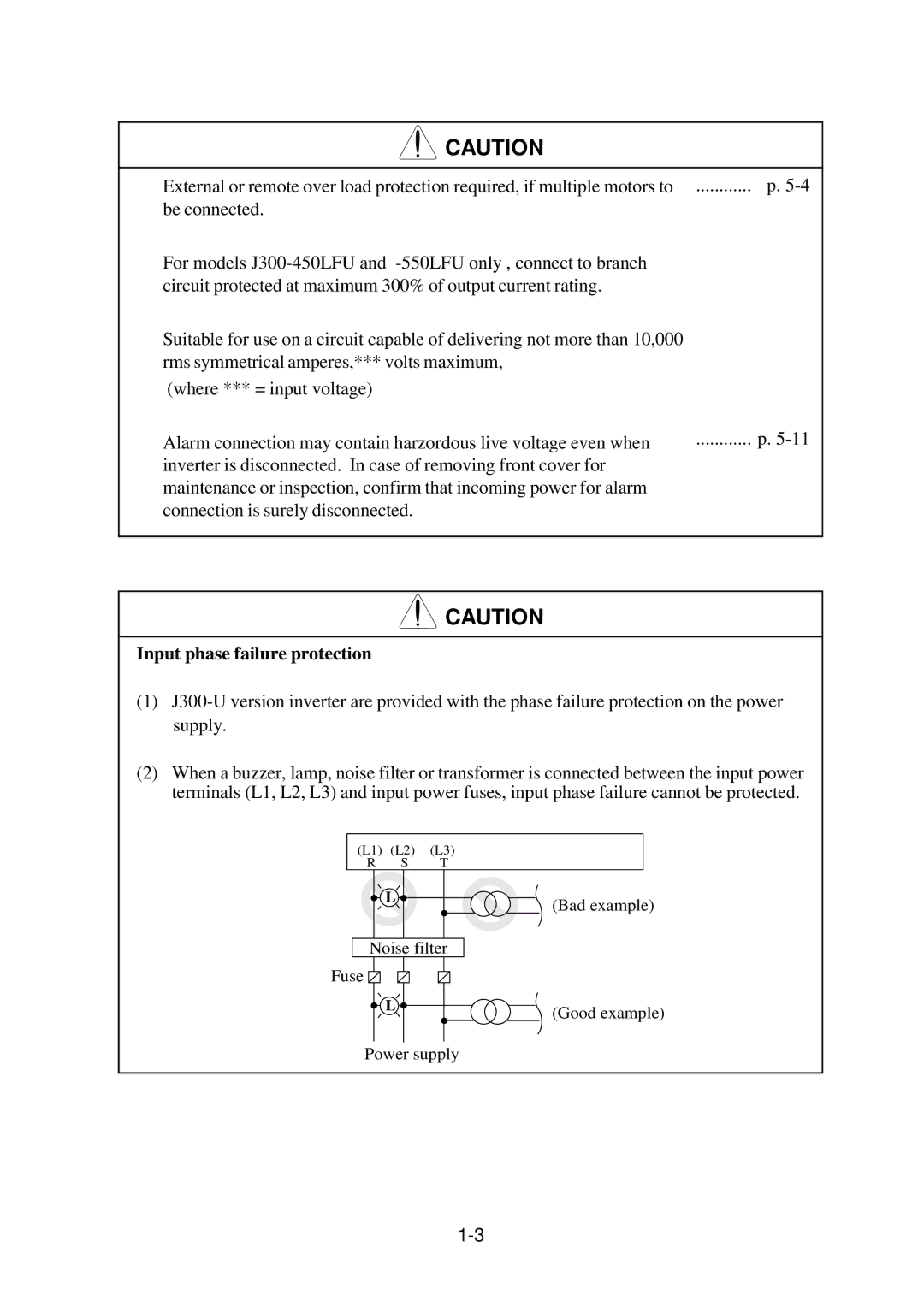 Hitachi J300U Series Input phase failure protection, Bad example, Noise filter Fuse Good example Power supply 