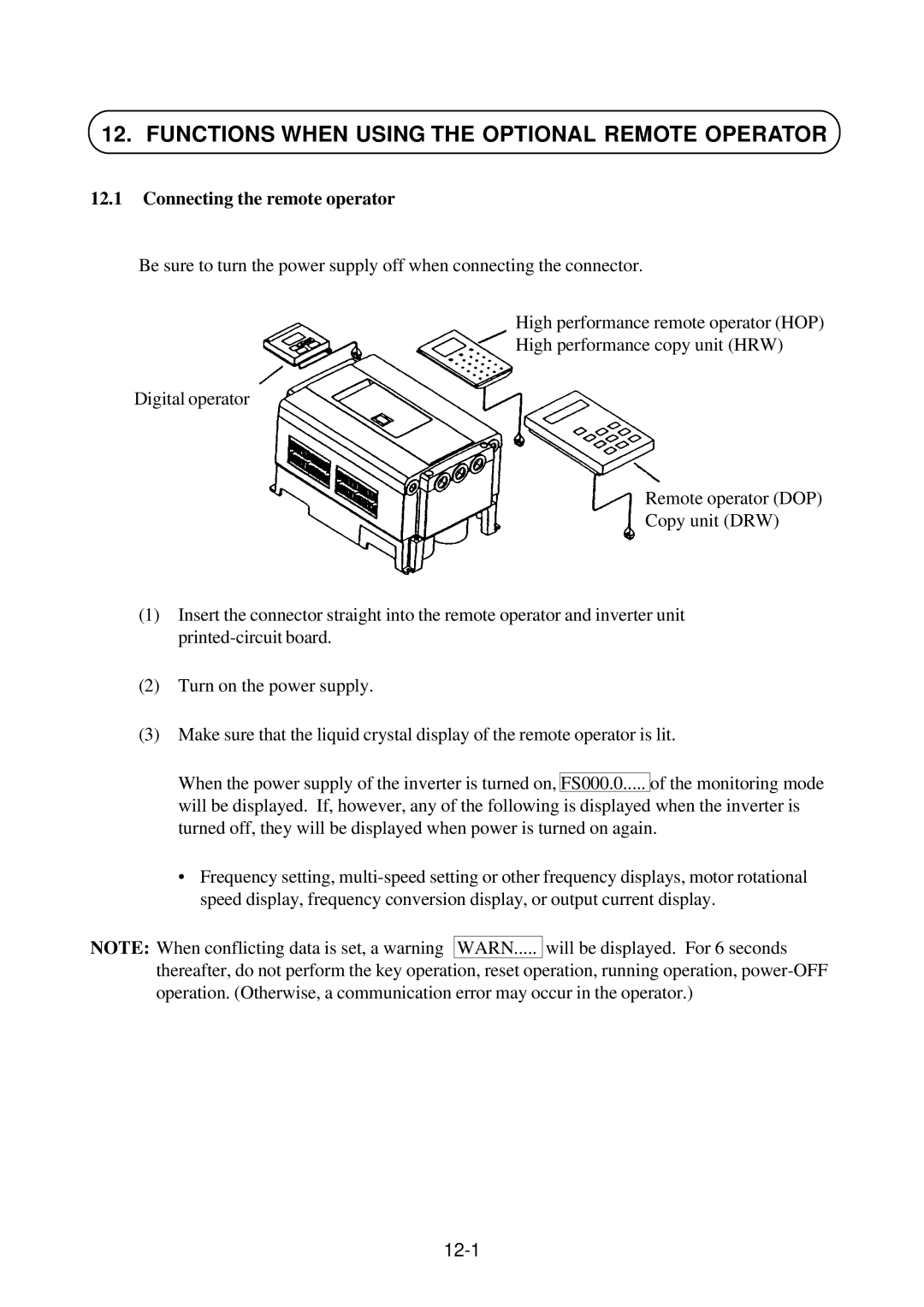 Hitachi J300U Series Functions When Using the Optional Remote Operator, Connecting the remote operator, 12-1 