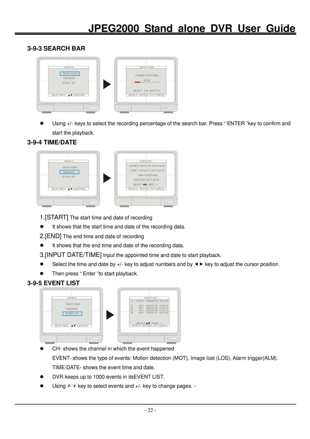 Hitachi JPEG2000 manual Search BAR, Time/Date, Event List 