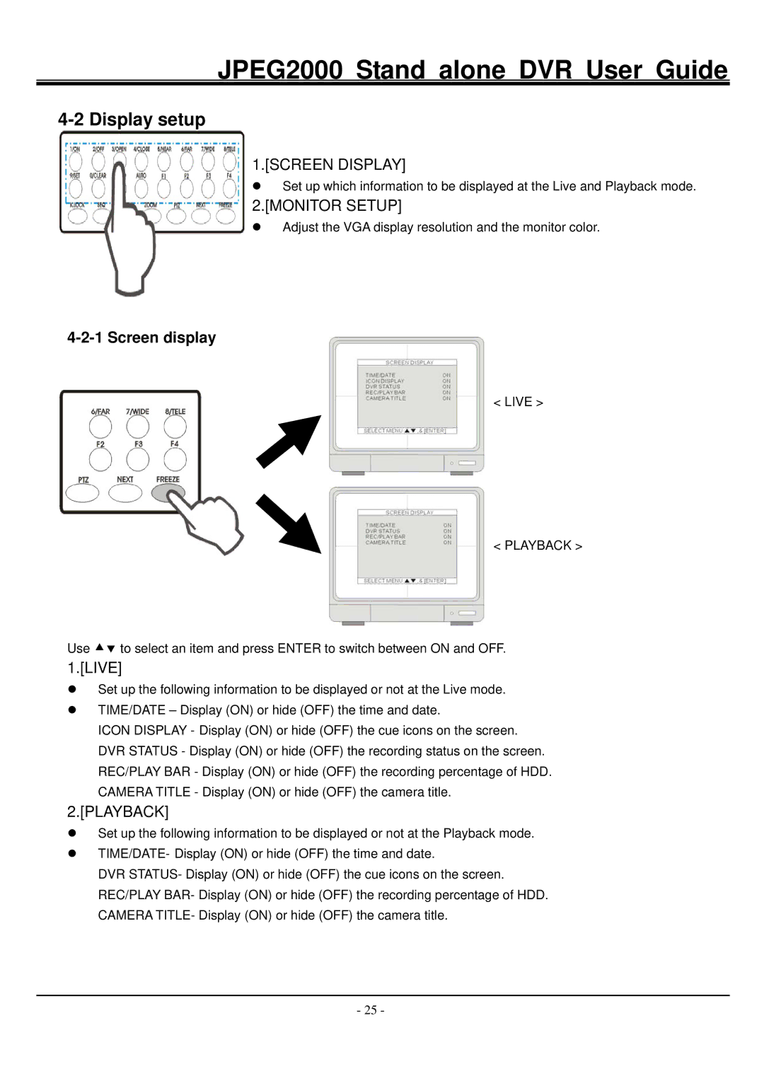 Hitachi JPEG2000 manual Display setup, Screen Display, Monitor Setup, Screen display, Playback 