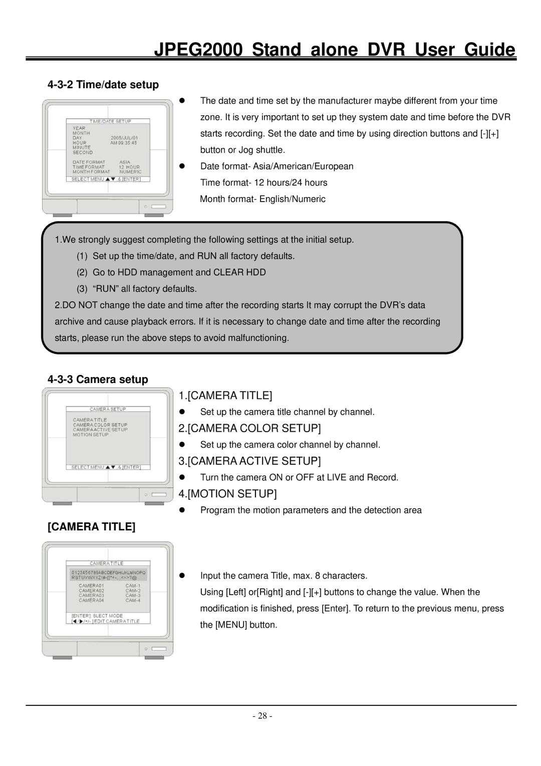 Hitachi JPEG2000 manual Time/date setup, Camera setup, Camera Title 