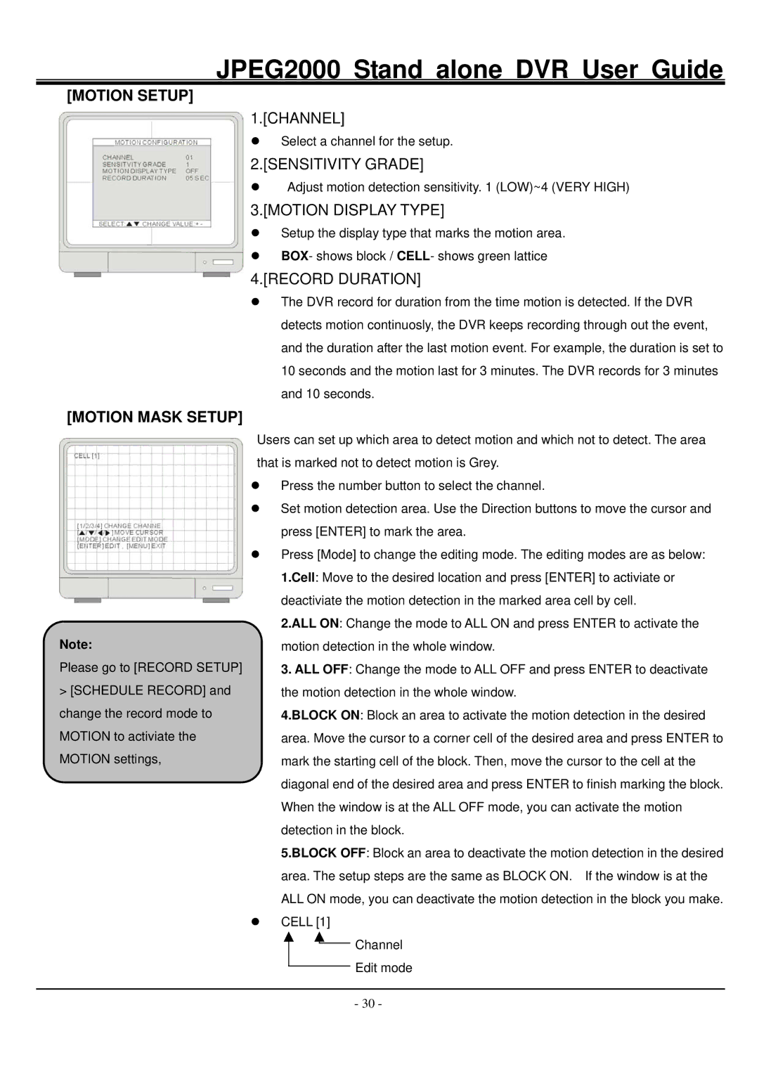 Hitachi JPEG2000 manual Channel, Sensitivity Grade, Motion Display Type, Record Duration, Motion Mask Setup 