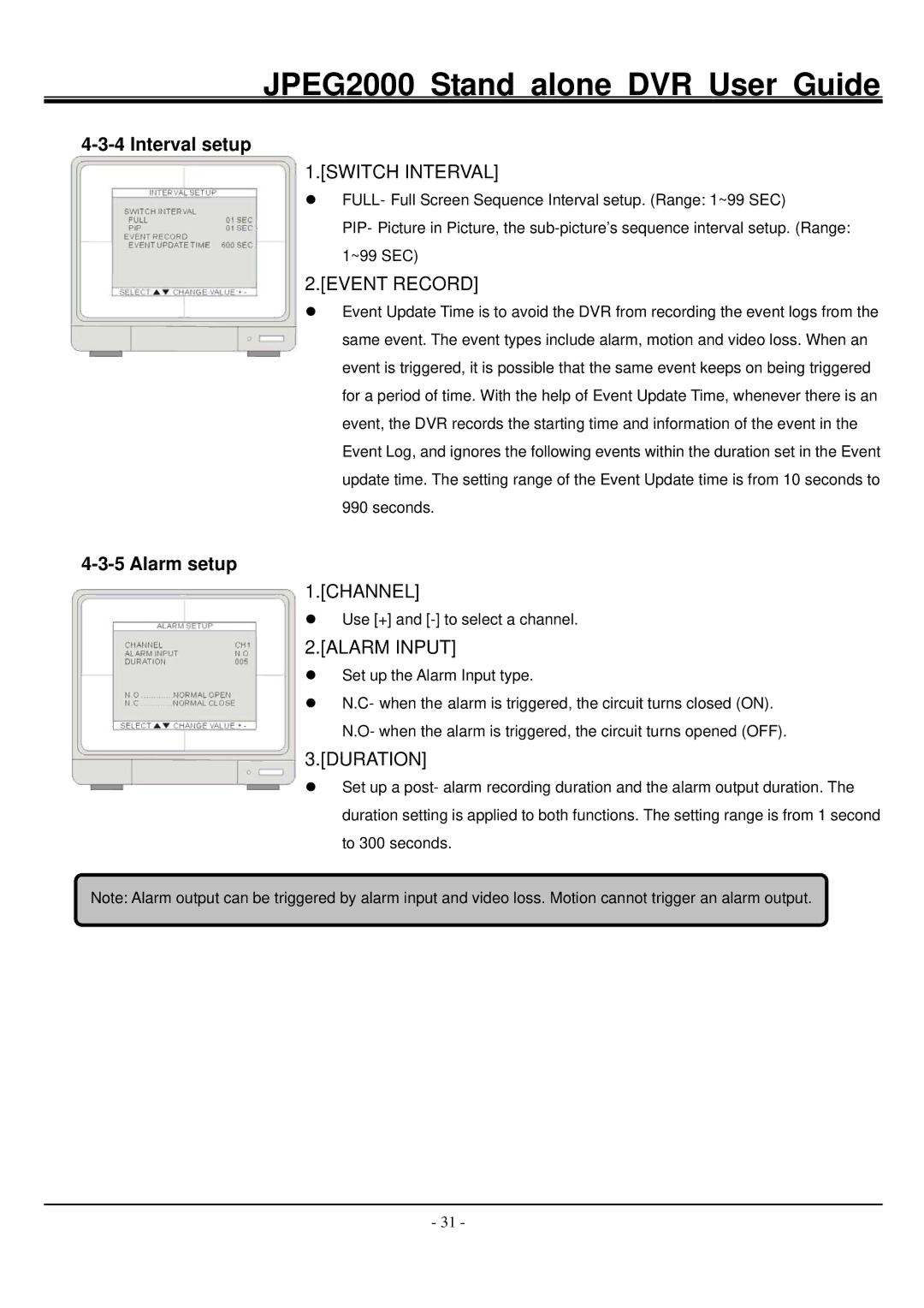 Hitachi JPEG2000 manual Interval setup, Alarm setup 