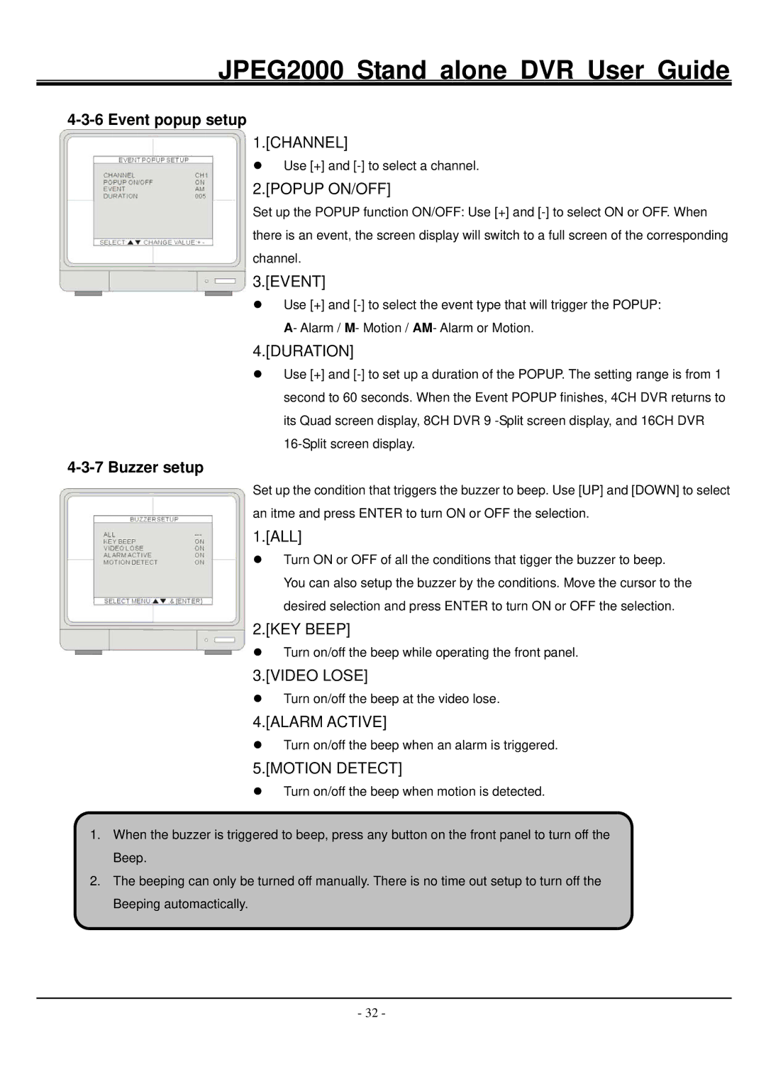 Hitachi JPEG2000 manual Event popup setup, Buzzer setup 