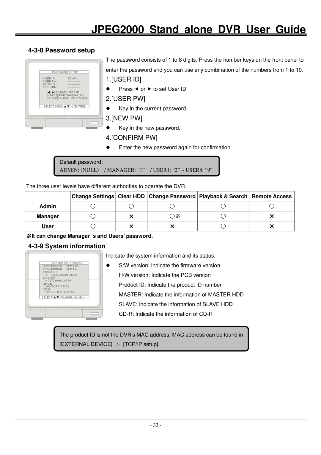 Hitachi JPEG2000 manual Password setup, User ID, User PW, Confirm PW, System information 