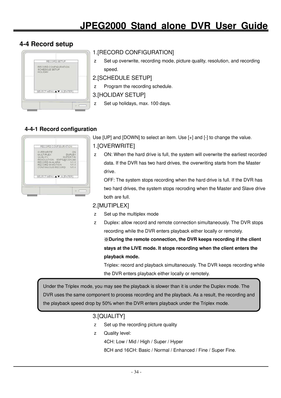 Hitachi JPEG2000 manual Record setup, Record configuration 