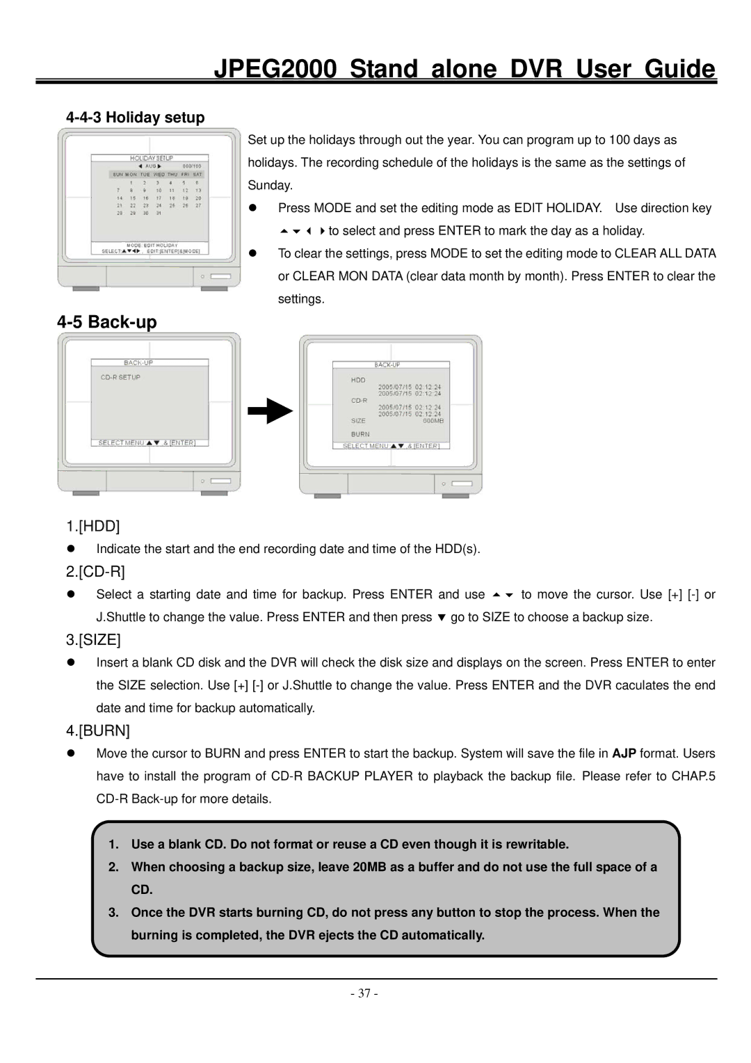 Hitachi JPEG2000 manual Back-up, Holiday setup 