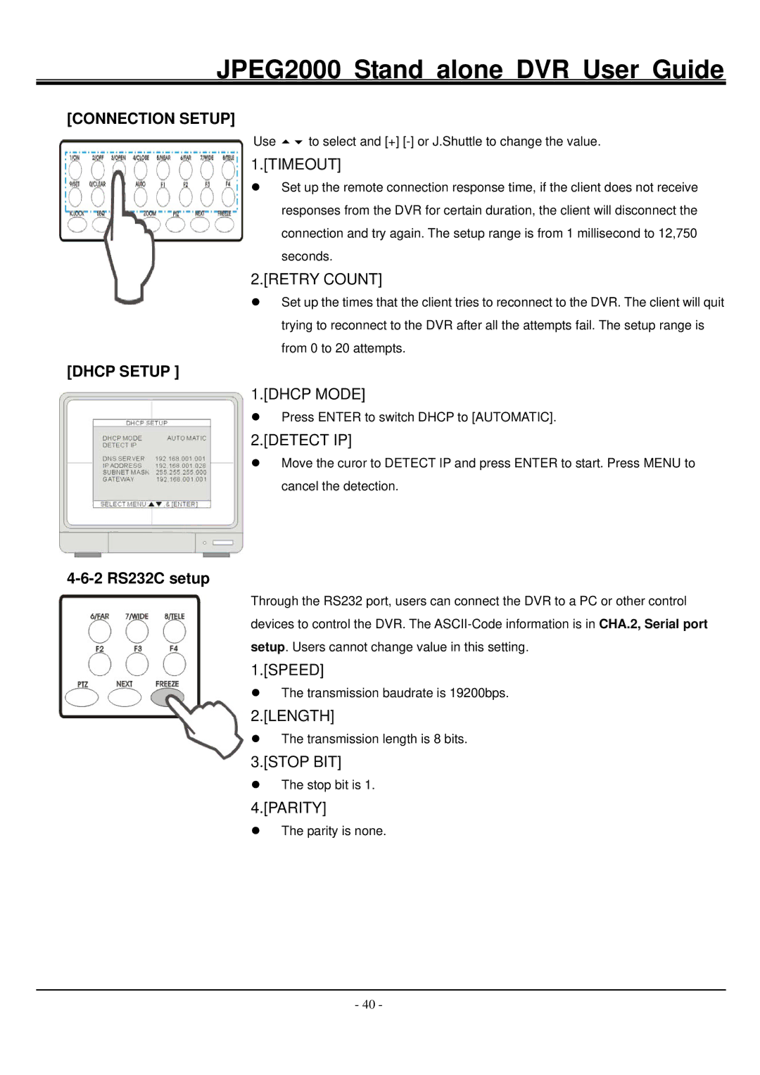 Hitachi JPEG2000 manual Connection Setup, Dhcp Setup, 2 RS232C setup 