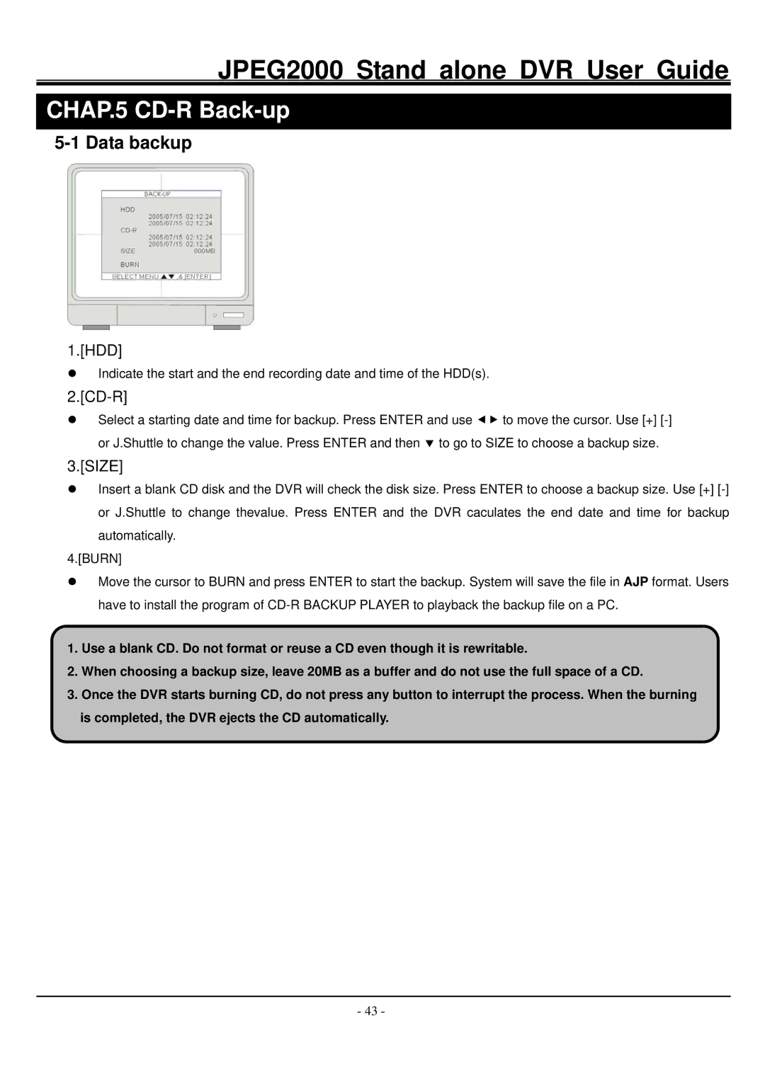 Hitachi JPEG2000 manual CHAP.5 CD-R Back-up, Data backup 