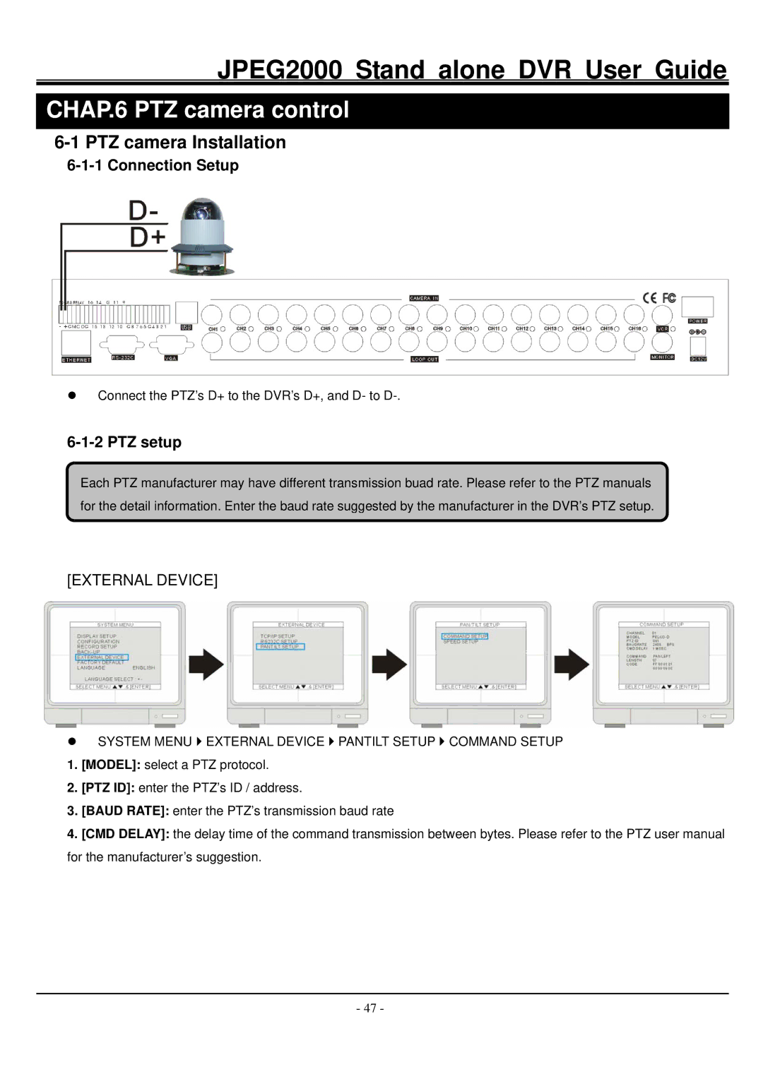 Hitachi JPEG2000 manual CHAP.6 PTZ camera control, PTZ camera Installation, Connection Setup, PTZ setup 