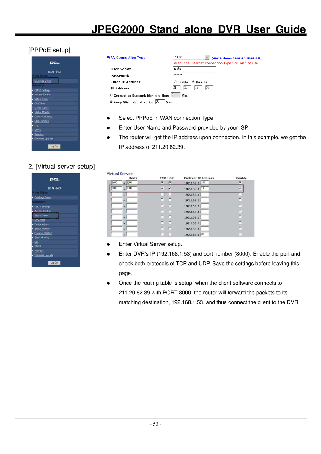 Hitachi JPEG2000 manual PPPoE setup, Virtual server setup 