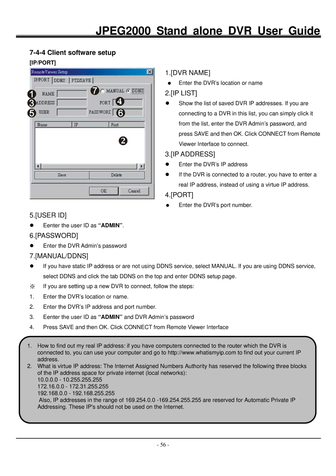 Hitachi JPEG2000 manual Client software setup, DVR Name, IP List, Password, Manual/Ddns 