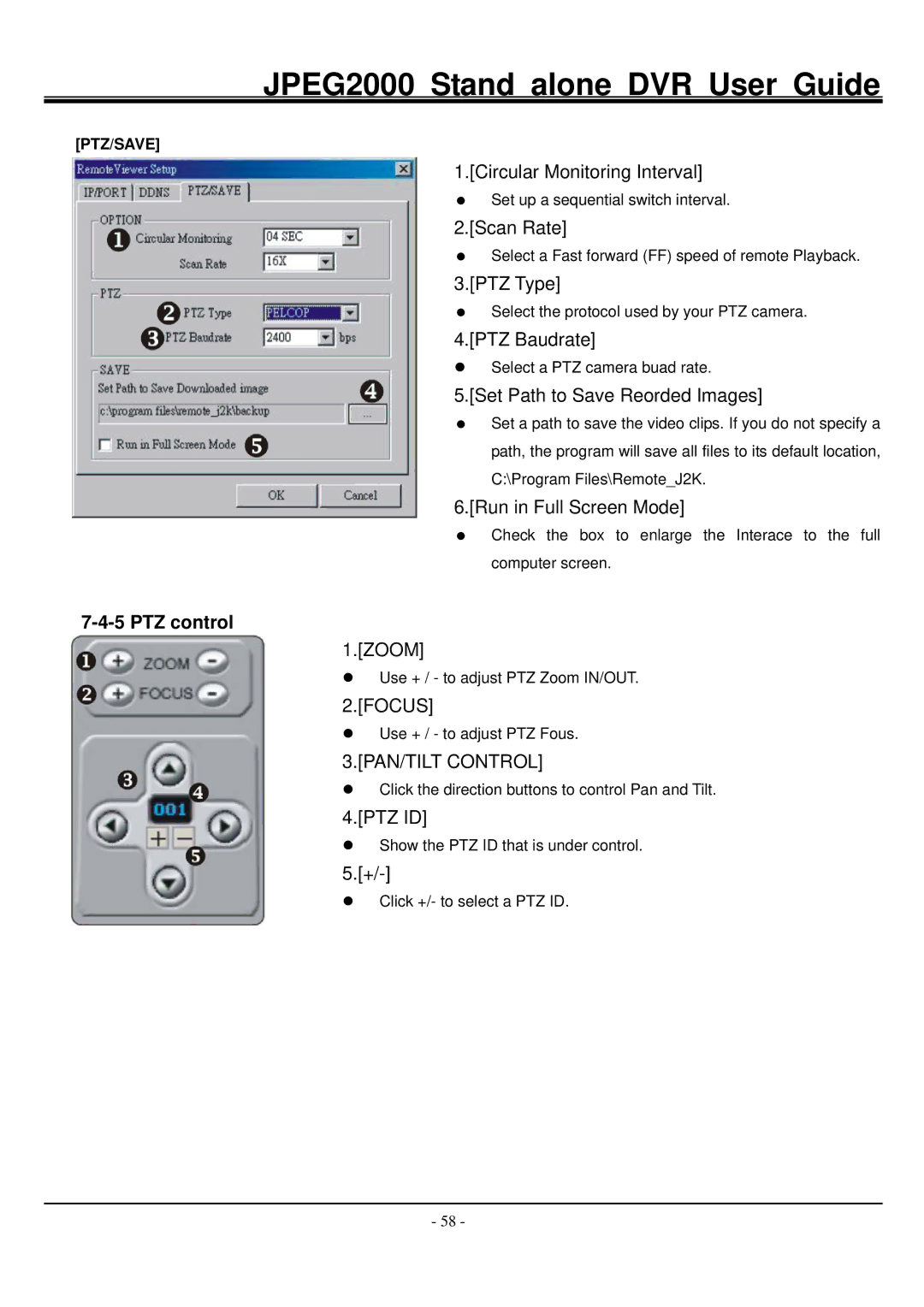 Hitachi JPEG2000 manual PTZ control, Focus, PAN/TILT Control 