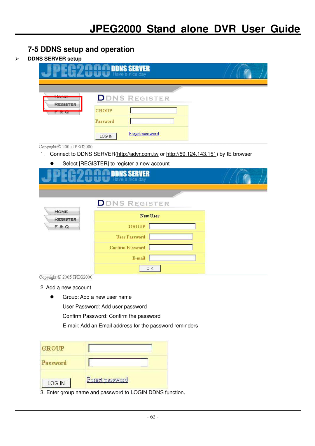 Hitachi JPEG2000 manual Ddns setup and operation, Ddns Server setup 