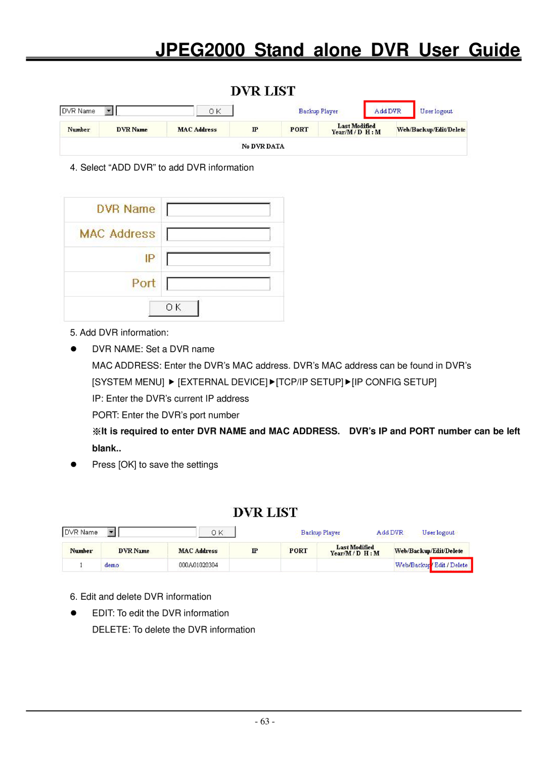 Hitachi manual JPEG2000 Stand alone DVR User Guide 