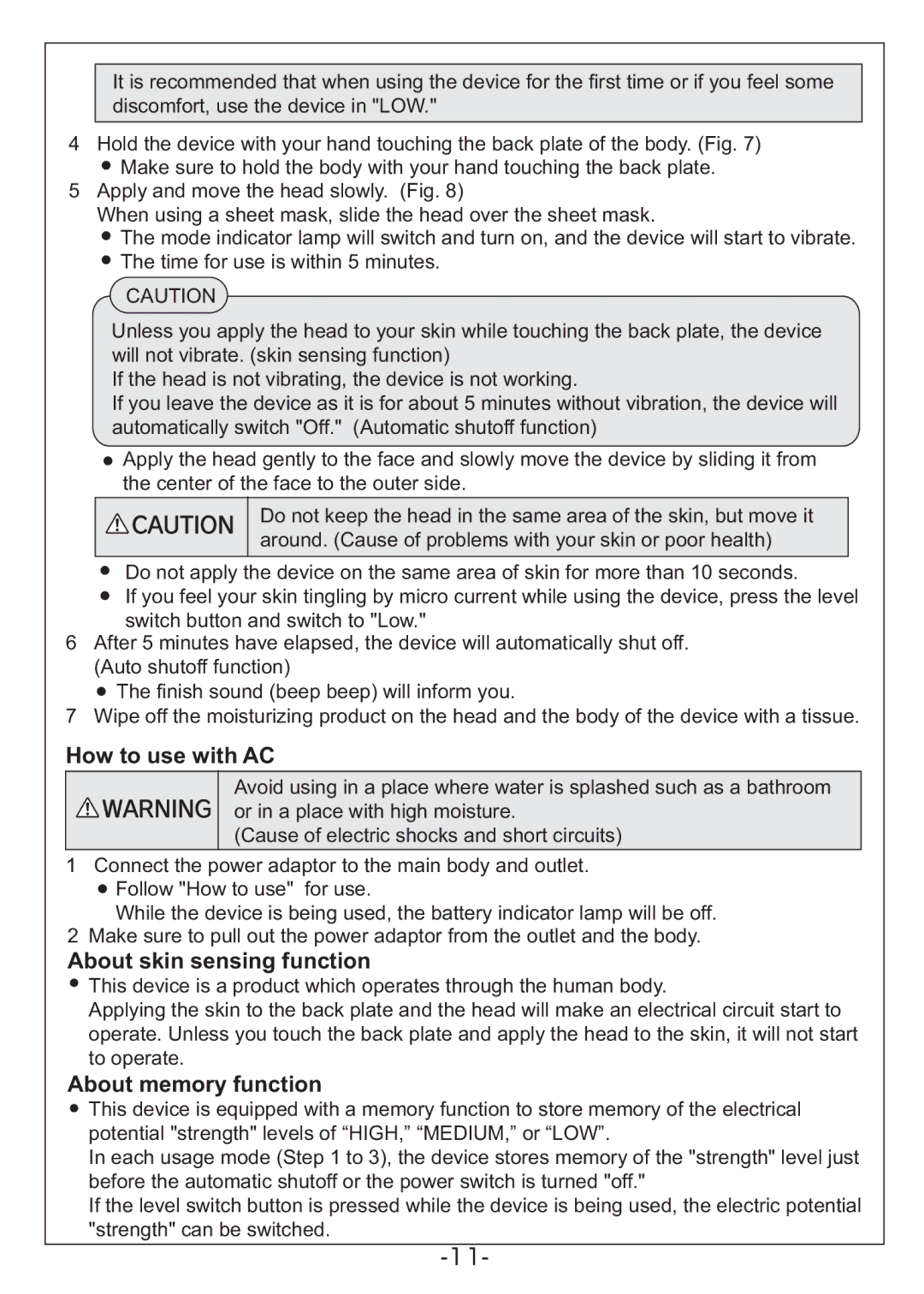 Hitachi KH-182B manual How to use with AC, About skin sensing function, About memory function 