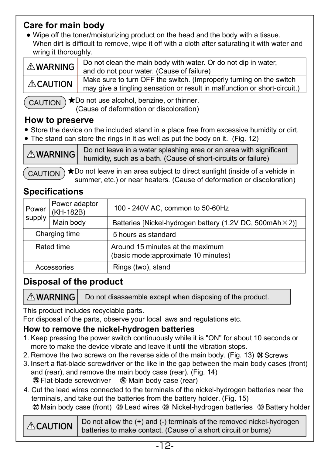 Hitachi KH-182B manual Care for main body, How to preserve, Specifications, Disposal of the product 