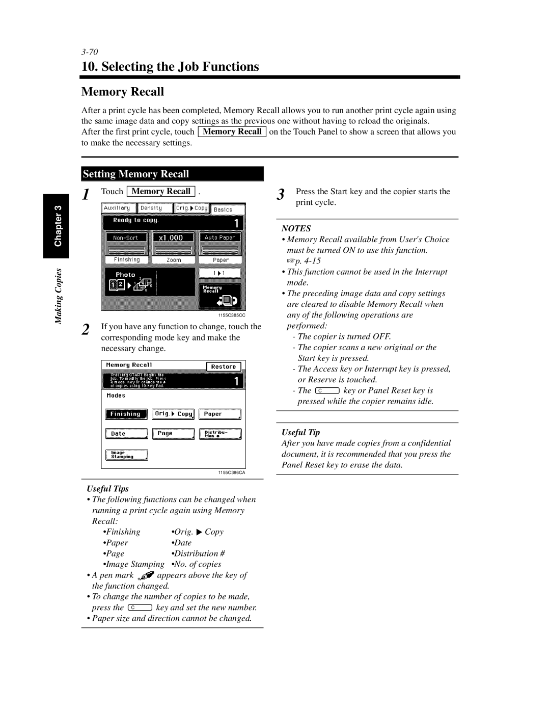 Hitachi Koki USA 52 manual Selecting the Job Functions, Setting Memory Recall, Touch Memory Recall 