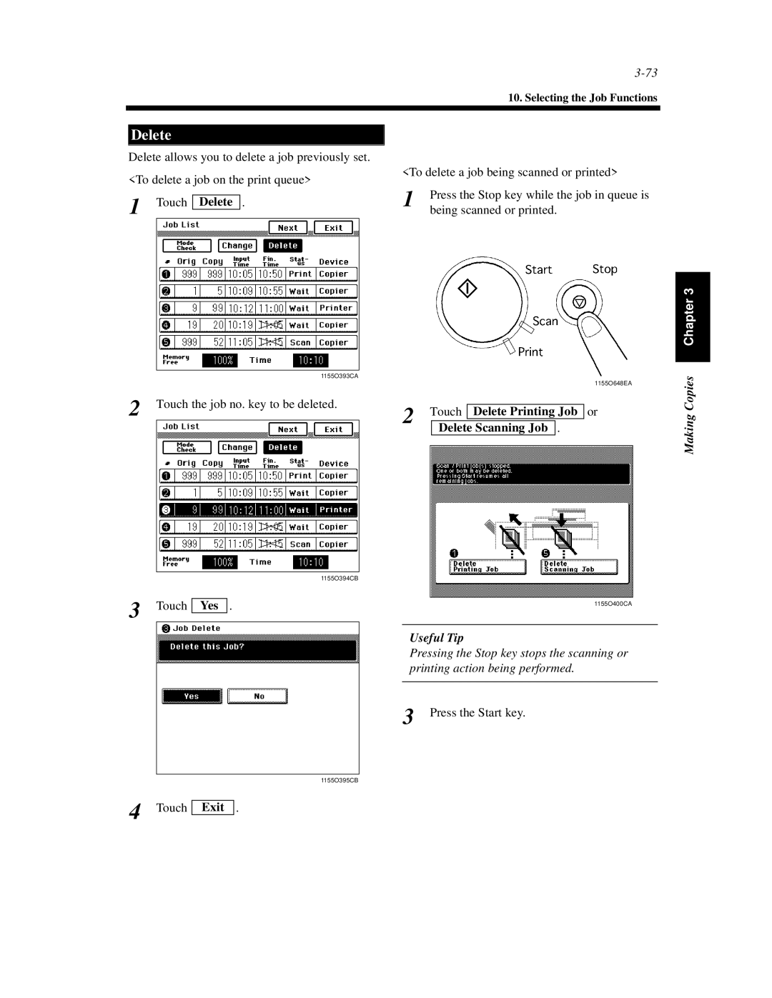 Hitachi Koki USA 52 manual Delete Printing Job Delete Scanning Job, Exit 
