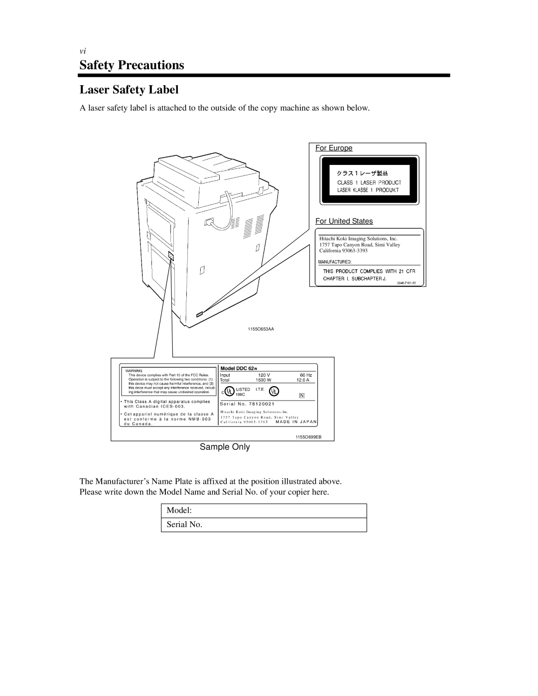 Hitachi Koki USA 52 manual Safety Precautions, Laser Safety Label 