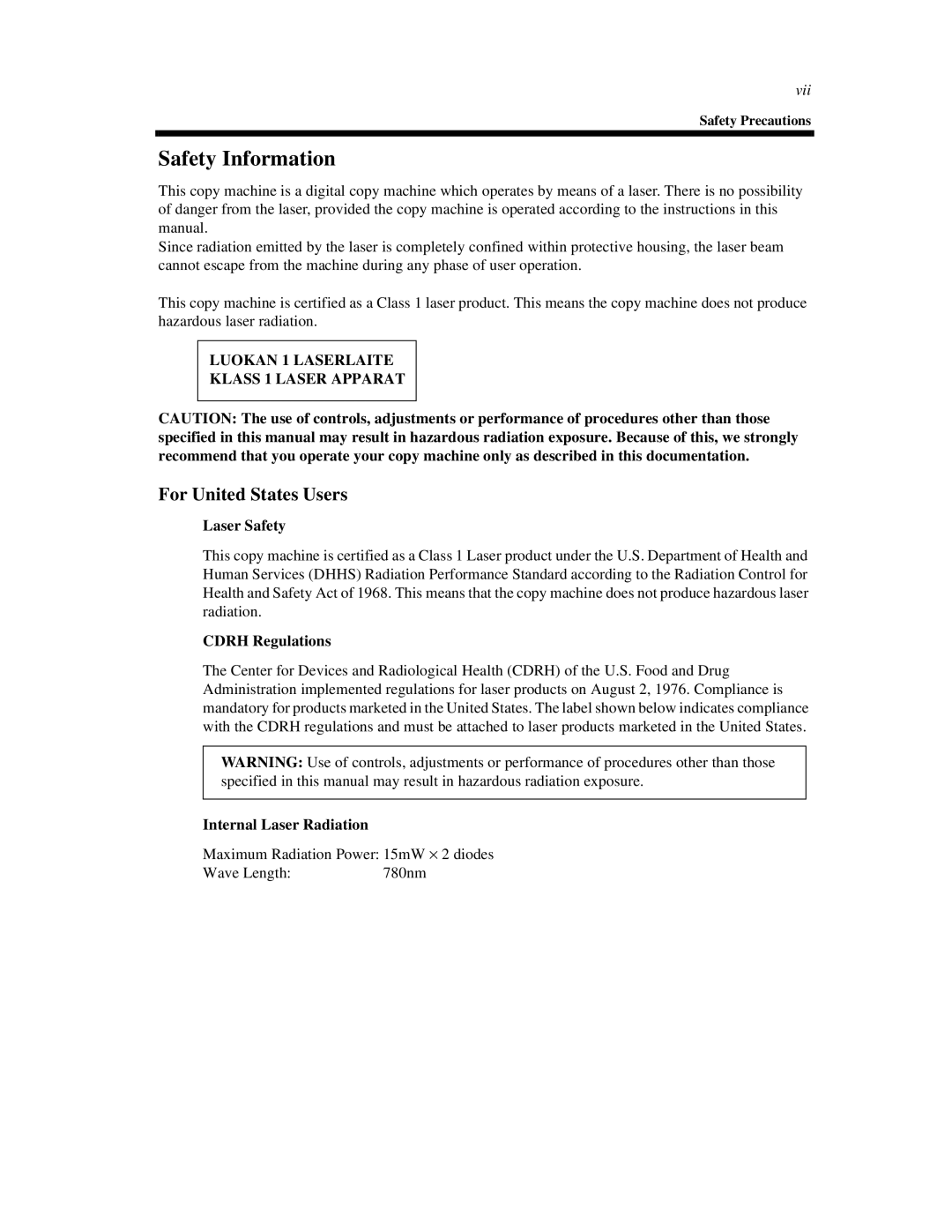 Hitachi Koki USA 52 manual Safety Information, Laser Safety, Cdrh Regulations, Internal Laser Radiation 