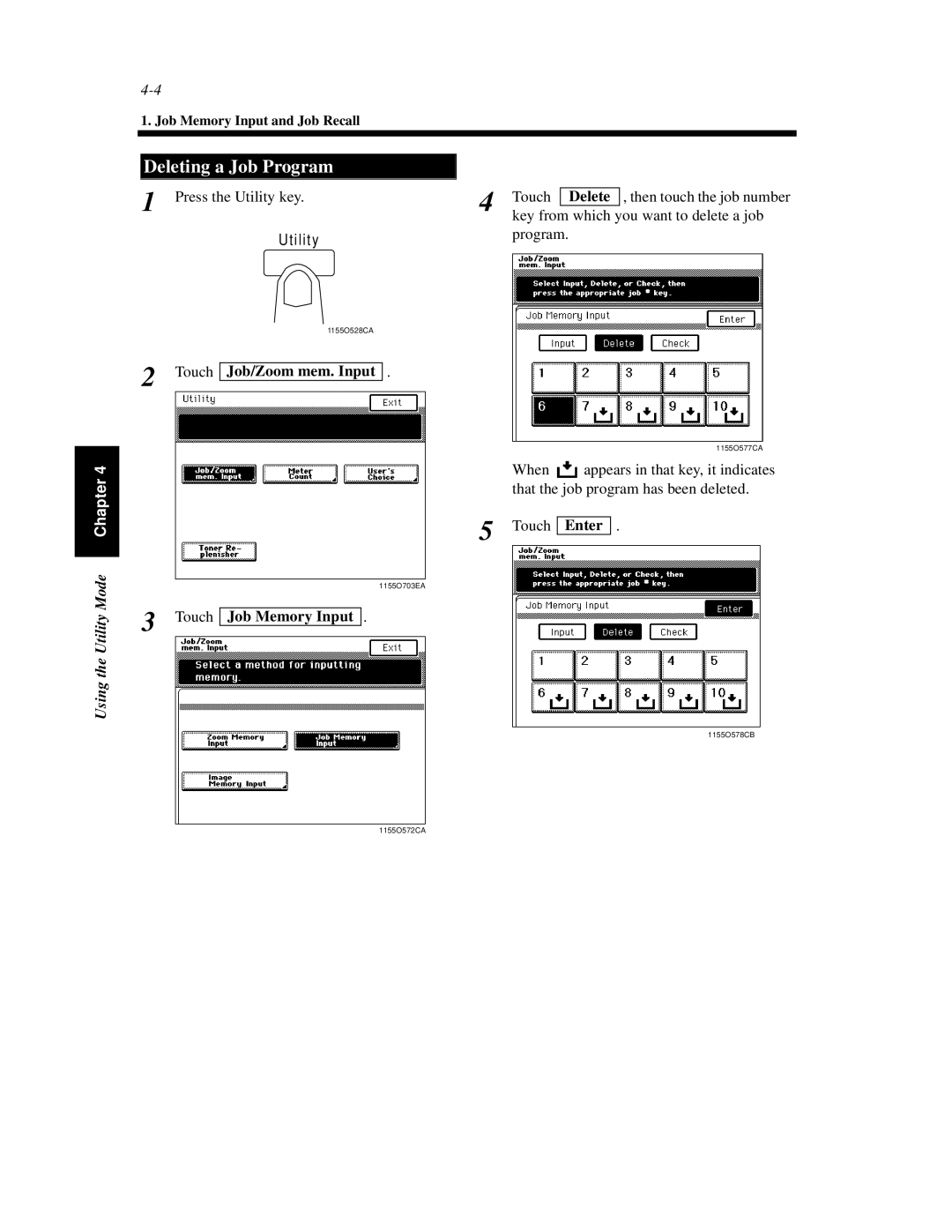 Hitachi Koki USA 52 manual Deleting a Job Program, Delete, Using the Utility Mode, Job Memory Input 