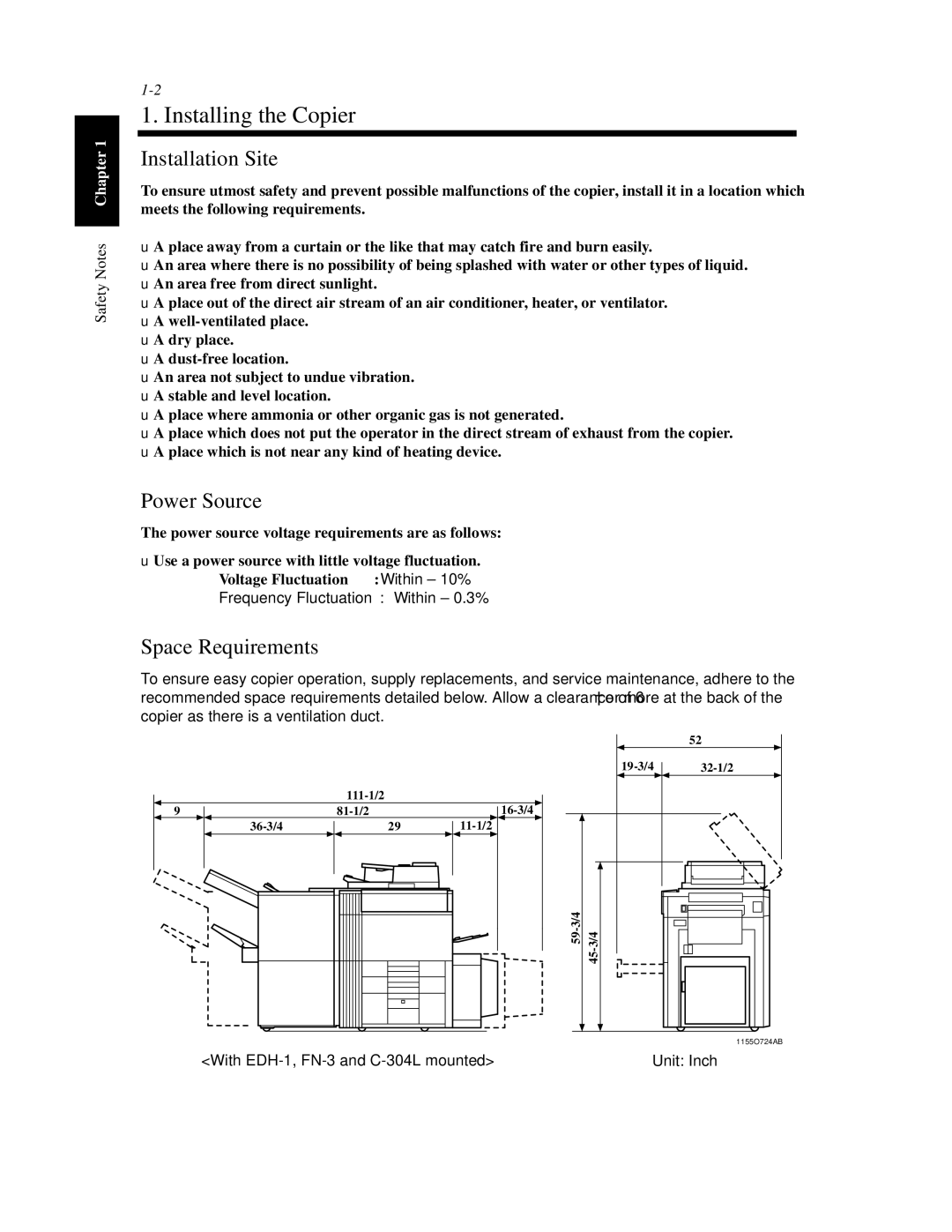 Hitachi Koki USA 52 manual Installing the Copier, Installation Site, Power Source, Space Requirements 