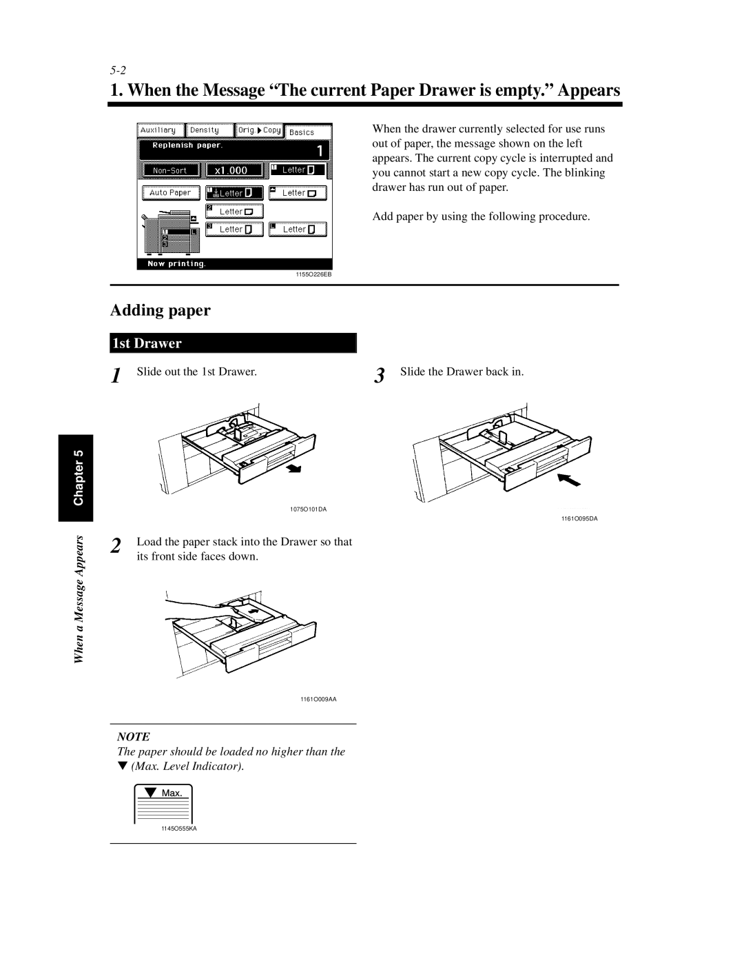 Hitachi Koki USA 52 manual When the Message The current Paper Drawer is empty. Appears, Adding paper, 1st Drawer 