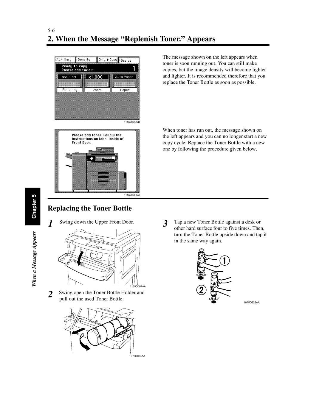 Hitachi Koki USA 52 manual When the Message Replenish Toner. Appears, Replacing the Toner Bottle 