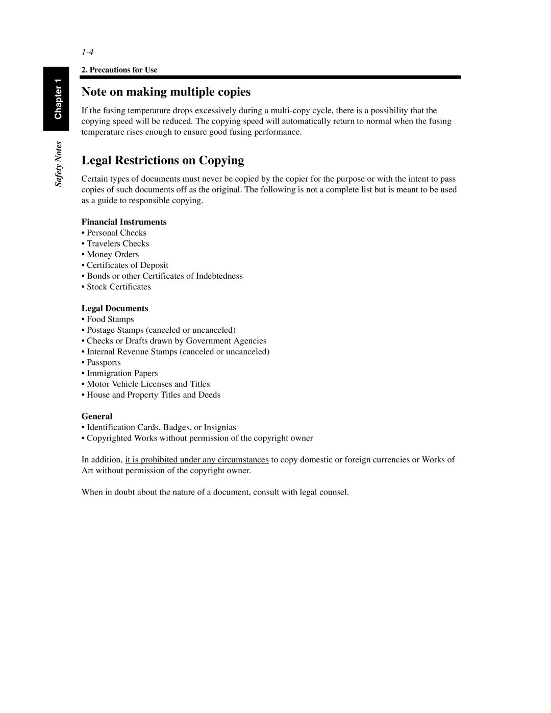 Hitachi Koki USA 52 manual Legal Restrictions on Copying, Financial Instruments, Legal Documents, General 