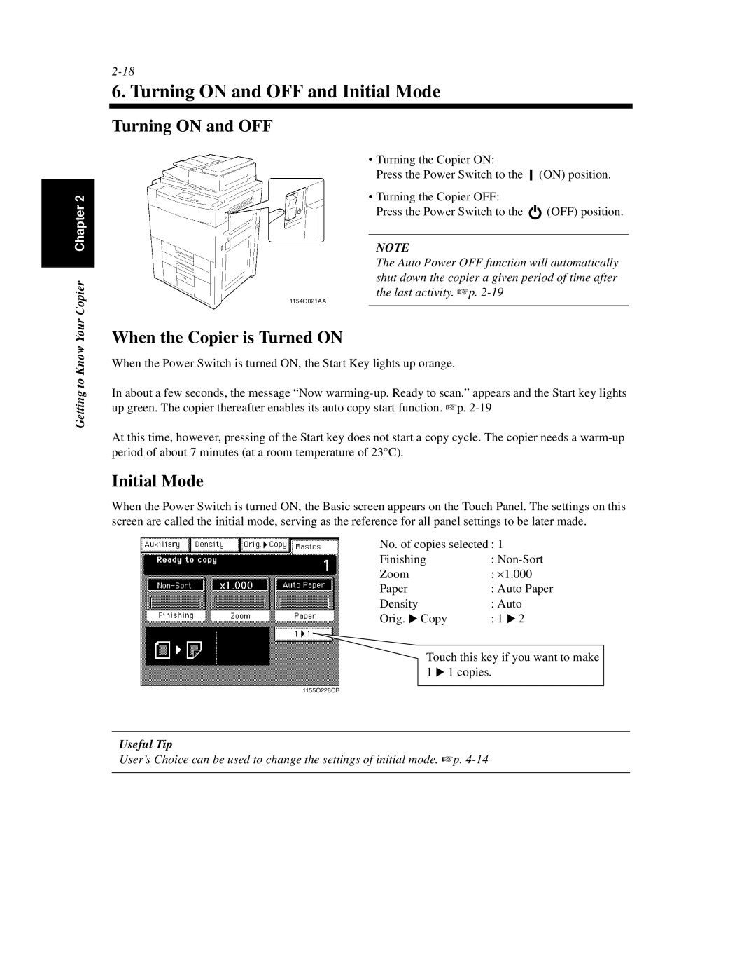 Hitachi Koki USA 52 manual Turning on and OFF and Initial Mode, When the Copier is Turned on, Useful Tip 