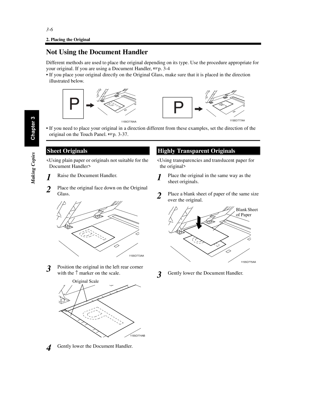 Hitachi Koki USA 52 manual Not Using the Document Handler, Sheet Originals, Highly Transparent Originals, Making Copies 