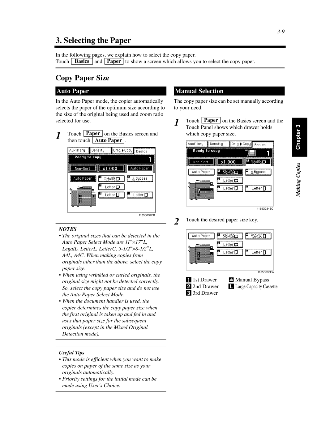 Hitachi Koki USA 52 manual Selecting the Paper, Copy Paper Size, Auto Paper, Manual Selection 