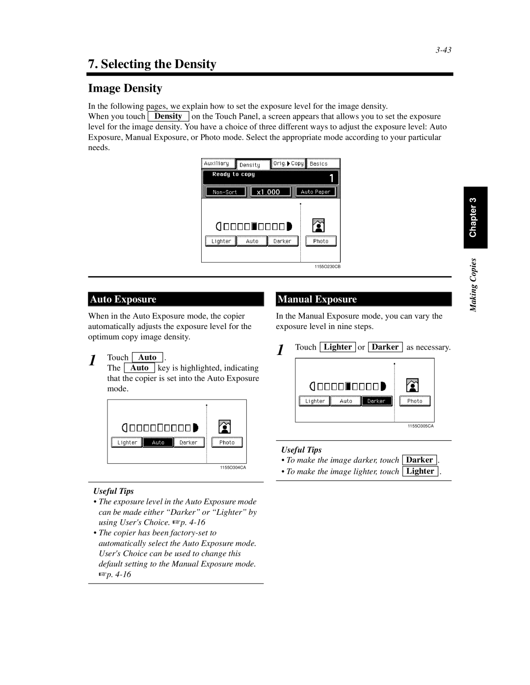 Hitachi Koki USA 52 manual Selecting the Density, Image Density, Auto Exposure, Manual Exposure 