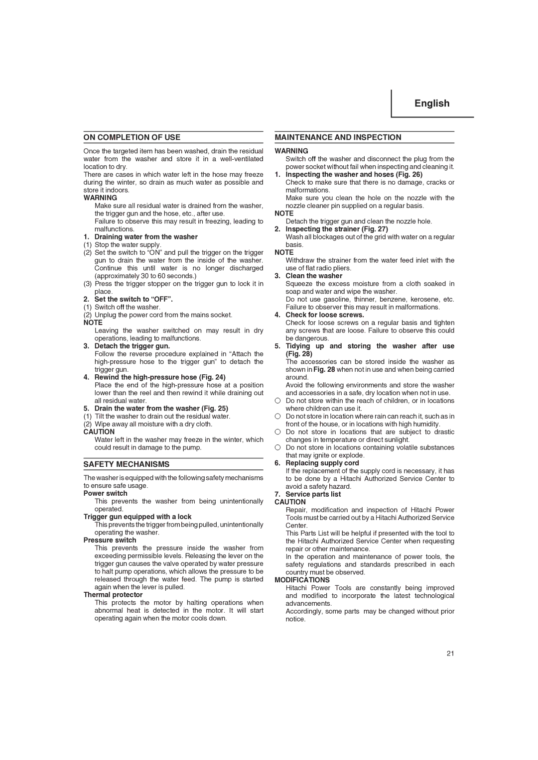 Hitachi Koki USA AW 150 manual On Completion of USE, Safety Mechanisms, Maintenance and Inspection 