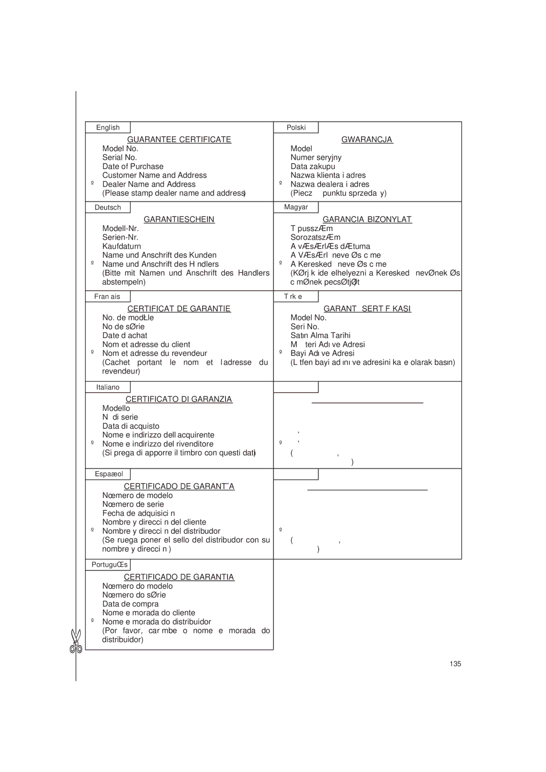 Hitachi Koki USA AW 150 manual Guarantee Certificate, Gwarancja, Garantieschein, Garancia Bizonylat, Certificat DE Garantie 