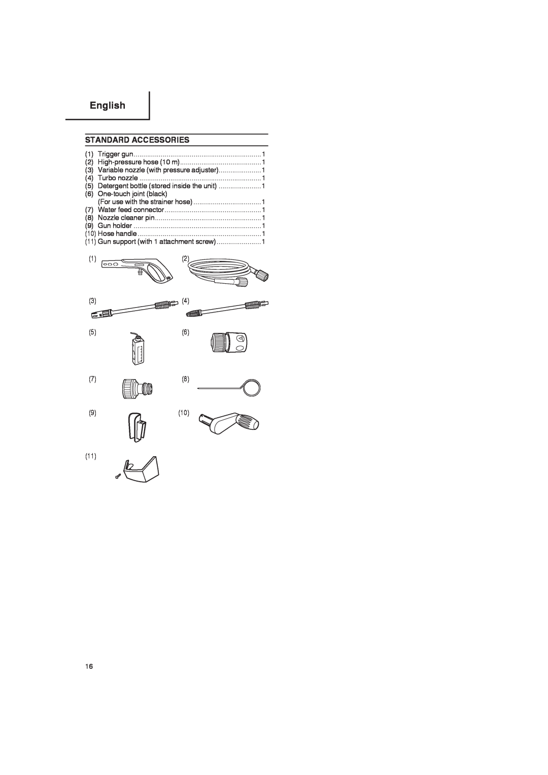 Hitachi Koki USA AW 150 manual Standard Accessories, English, Trigger gun, Turbo nozzle, For use with the strainer hose 