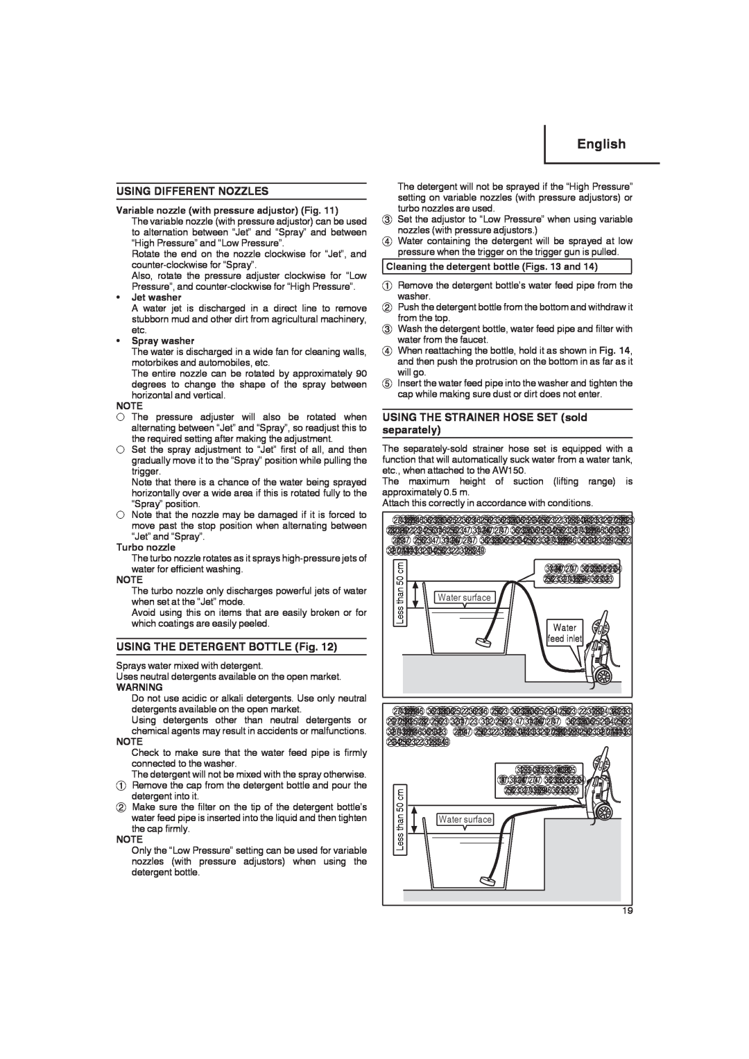 Hitachi Koki USA AW 150 manual Using Different Nozzles, USING THE DETERGENT BOTTLE Fig, English, Jet washer, Spray washer 